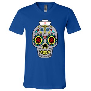 Caduceus Syringes Nurse Sugar Skull Halloween Day Of Dead Gift V-Neck T-Shirt