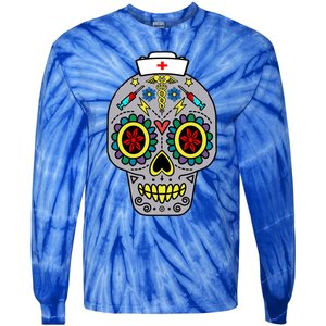 Caduceus Syringes Nurse Sugar Skull Halloween Day Of Dead Gift Tie-Dye Long Sleeve Shirt