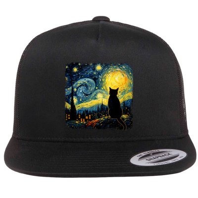 Cat Starry Night Van Gogh Cat For Cat Lover Cat Mom Cat Dad Flat Bill Trucker Hat