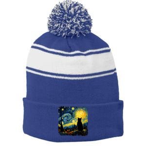 Cat Starry Night Van Gogh Cat For Cat Lover Cat Mom Cat Dad Stripe Pom Pom Beanie