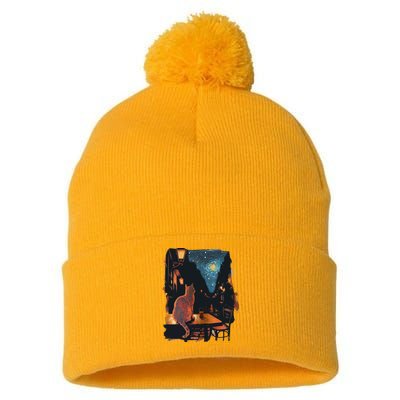 Cat Starry Night Van Gogh Art Style Coffee Shop Pom Pom 12in Knit Beanie