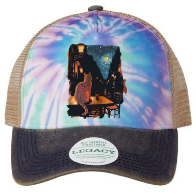 Cat Starry Night Van Gogh Art Style Coffee Shop Legacy Tie Dye Trucker Hat