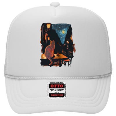 Cat Starry Night Van Gogh Art Style Coffee Shop High Crown Mesh Back Trucker Hat