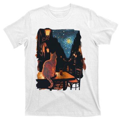 Cat Starry Night Van Gogh Art Style Coffee Shop T-Shirt