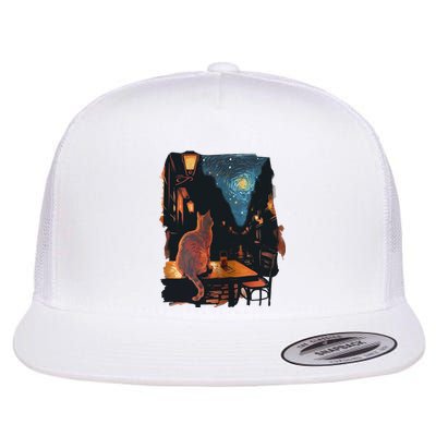 Cat Starry Night Van Gogh Art Style Coffee Shop Flat Bill Trucker Hat