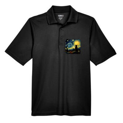 Cat Starry Night Van Gogh Cat For Cat Lover Cat Mom Cat Dad Men's Origin Performance Piqué Polo