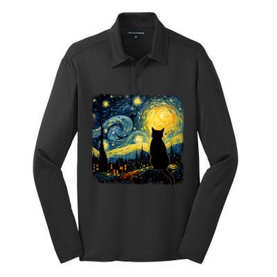 Cat Starry Night Van Gogh Cat For Cat Lover Cat Mom Cat Dad Silk Touch Performance Long Sleeve Polo