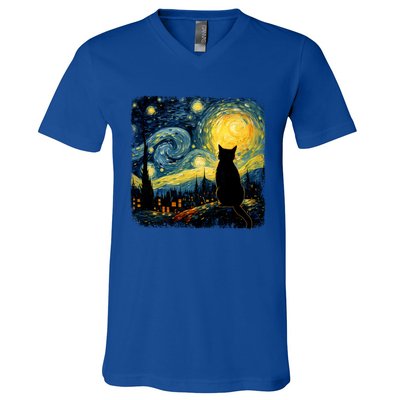 Cat Starry Night Van Gogh Cat For Cat Lover Cat Mom Cat Dad V-Neck T-Shirt