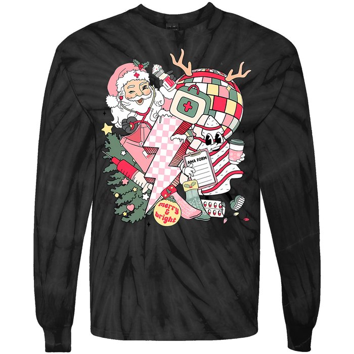 Christmas Santa Nurse Disco Ball Rn Cna Icu Med Surg Picu Tie-Dye Long Sleeve Shirt