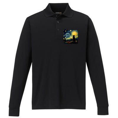 Cat Starry Night Van Gogh Cat For Cat Lover Cat Mom Cat Dad Performance Long Sleeve Polo