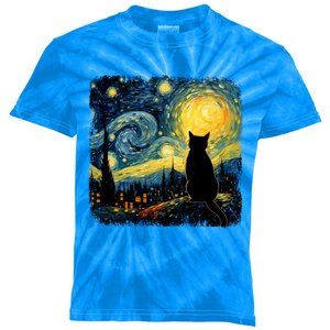 Cat Starry Night Van Gogh Cat For Cat Lover Cat Mom Cat Dad Kids Tie-Dye T-Shirt