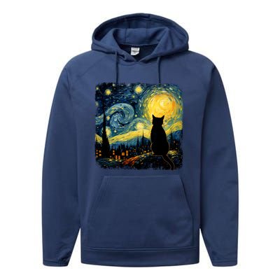 Cat Starry Night Van Gogh Cat For Cat Lover Cat Mom Cat Dad Performance Fleece Hoodie