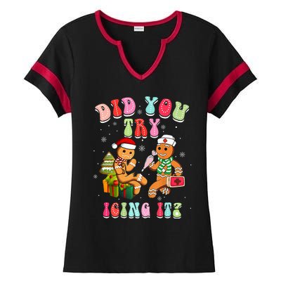 Christmas School Nurse Xmas Did You Try Icing It Gingerbread Ladies Halftime Notch Neck Tee