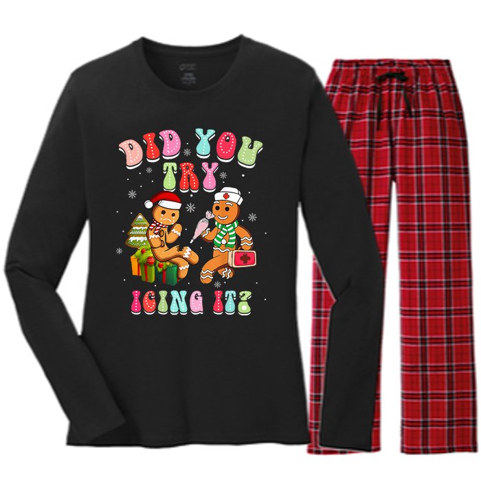 Christmas School Nurse Xmas Did You Try Icing It Gingerbread Women's Long Sleeve Flannel Pajama Set 