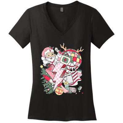 Christmas Santa Nurse Disco Ball Rn Cna Icu Med Surg Picu Women's V-Neck T-Shirt