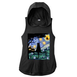 Cat , Scary Night Cat Tee, Van Gogh Gift, Halloween Ladies PosiCharge Tri-Blend Wicking Draft Hoodie Tank