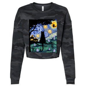 Cat , Scary Night Cat Tee, Van Gogh Gift, Halloween Cropped Pullover Crew