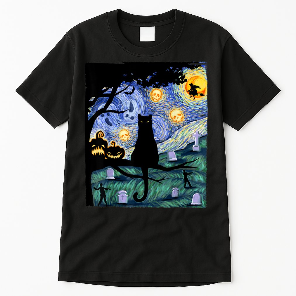 Cat , Scary Night Cat Tee, Van Gogh Gift, Halloween Tall T-Shirt