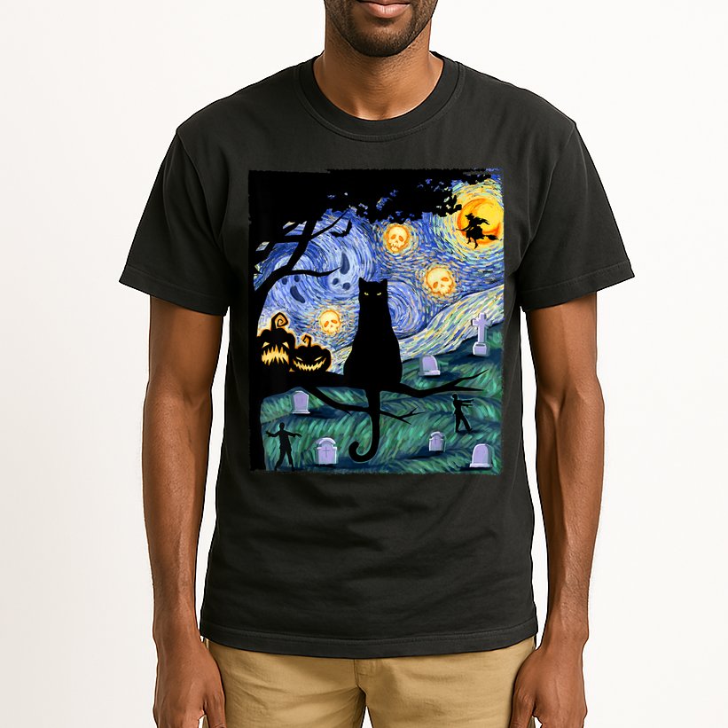 Cat , Scary Night Cat Tee, Van Gogh Gift, Halloween Tall T-Shirt
