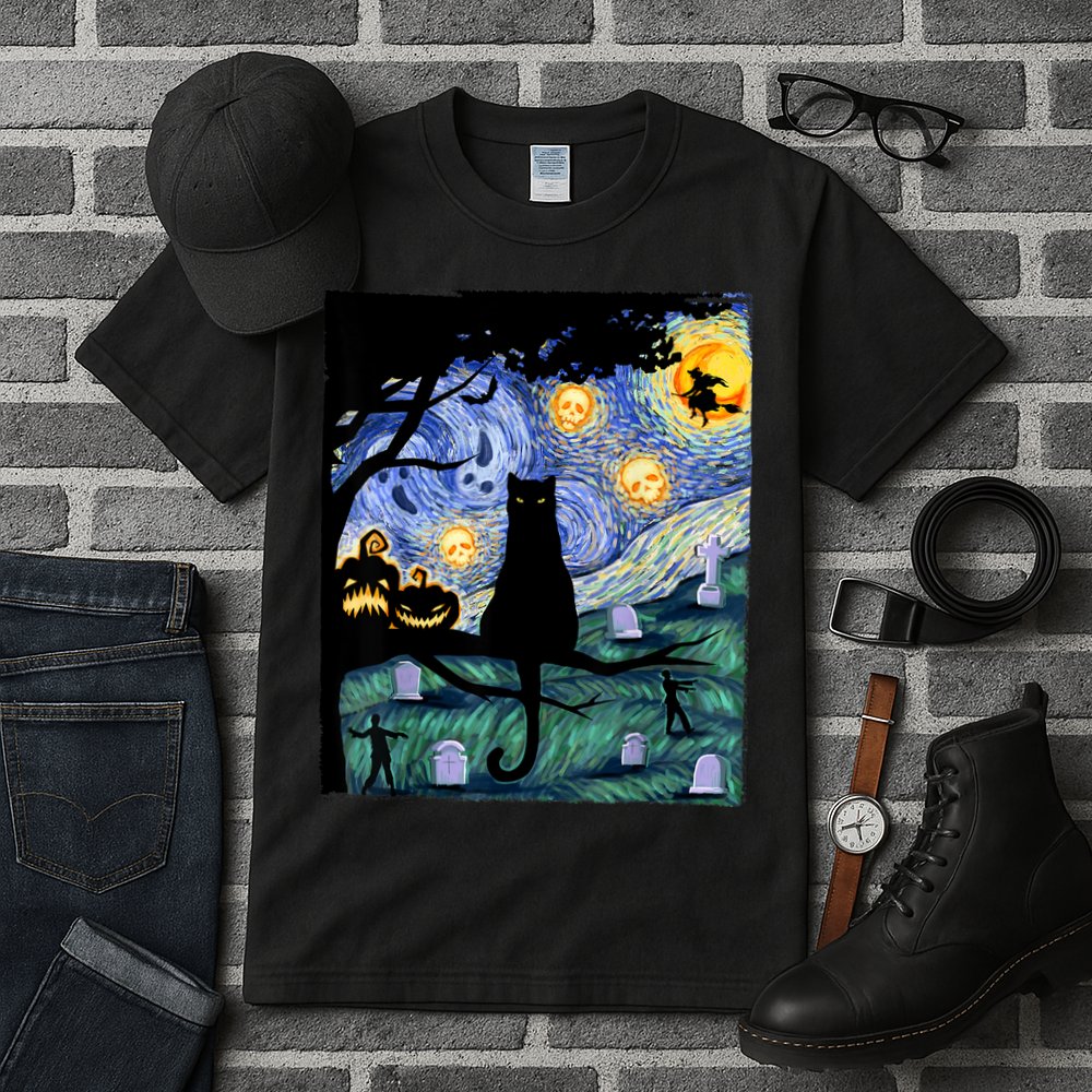 Cat , Scary Night Cat Tee, Van Gogh Gift, Halloween Tall T-Shirt