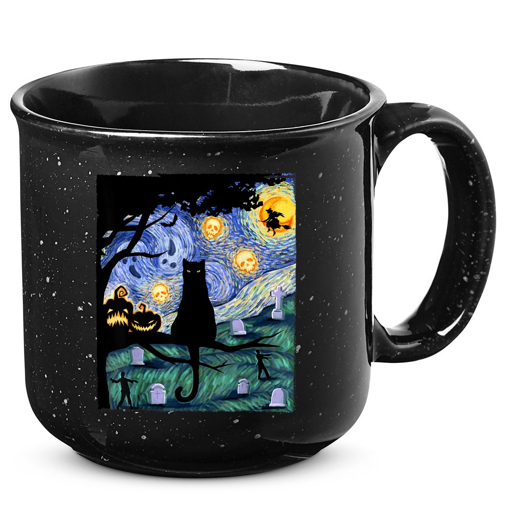 Cat , Scary Night Cat Tee, Van Gogh Gift, Halloween 15oz Campfire Ceramic Mug