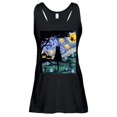Cat , Scary Night Cat Tee, Van Gogh Gift, Halloween Ladies Essential Flowy Tank