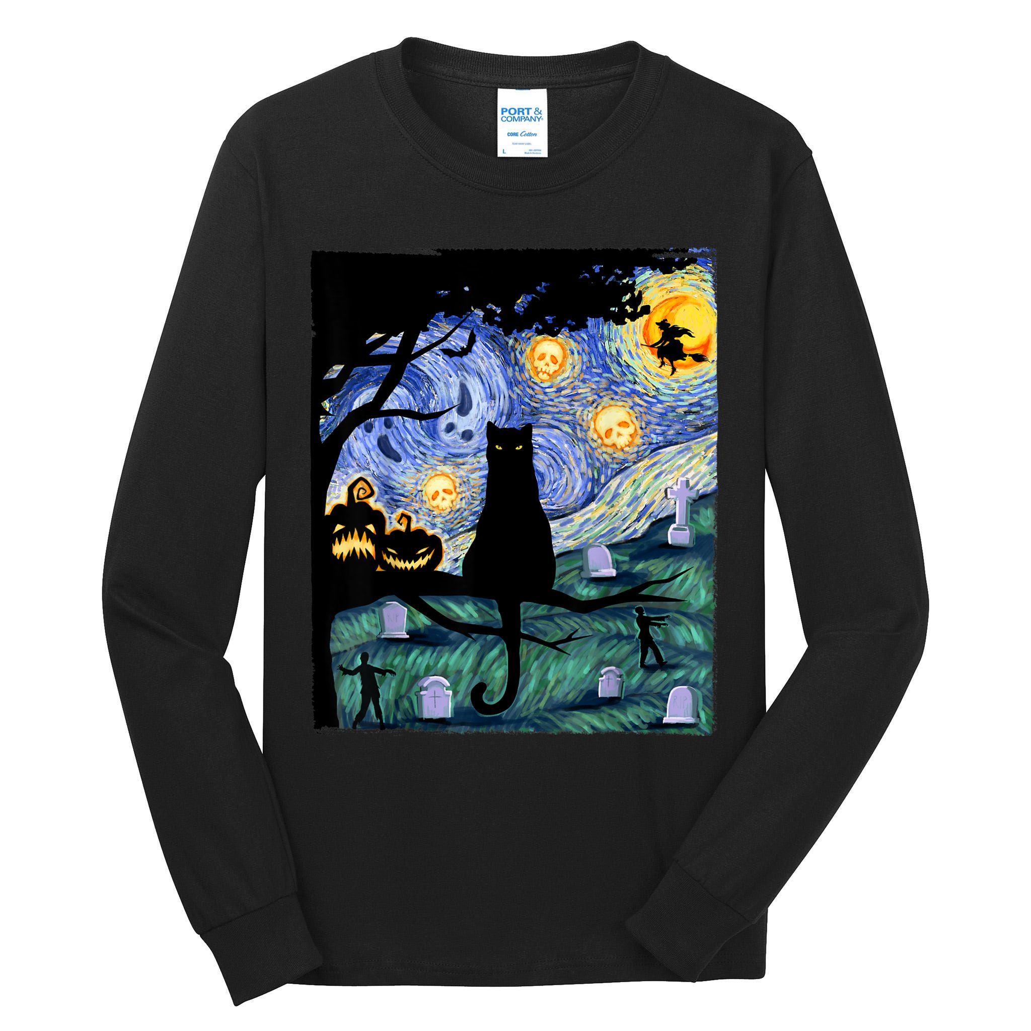 Cat , Scary Night Cat Tee, Van Gogh Gift, Halloween Tall Long Sleeve T-Shirt