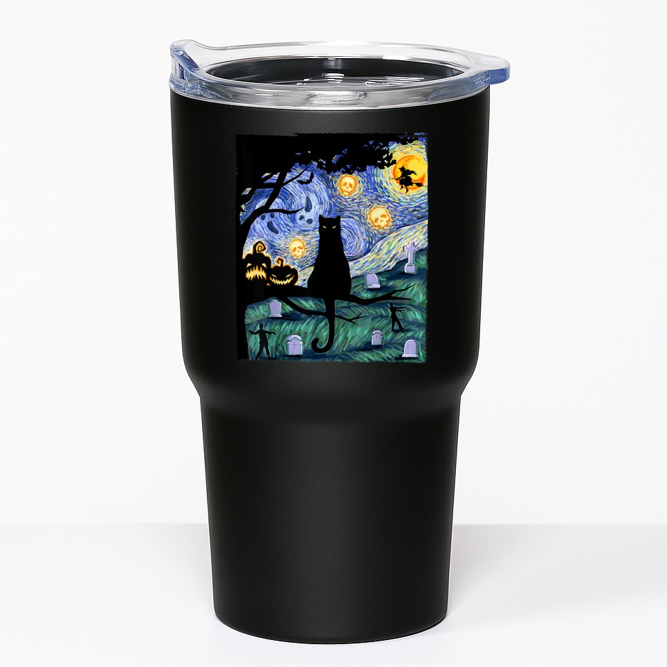 Cat , Scary Night Cat Tee, Van Gogh Gift, Halloween Tumbler