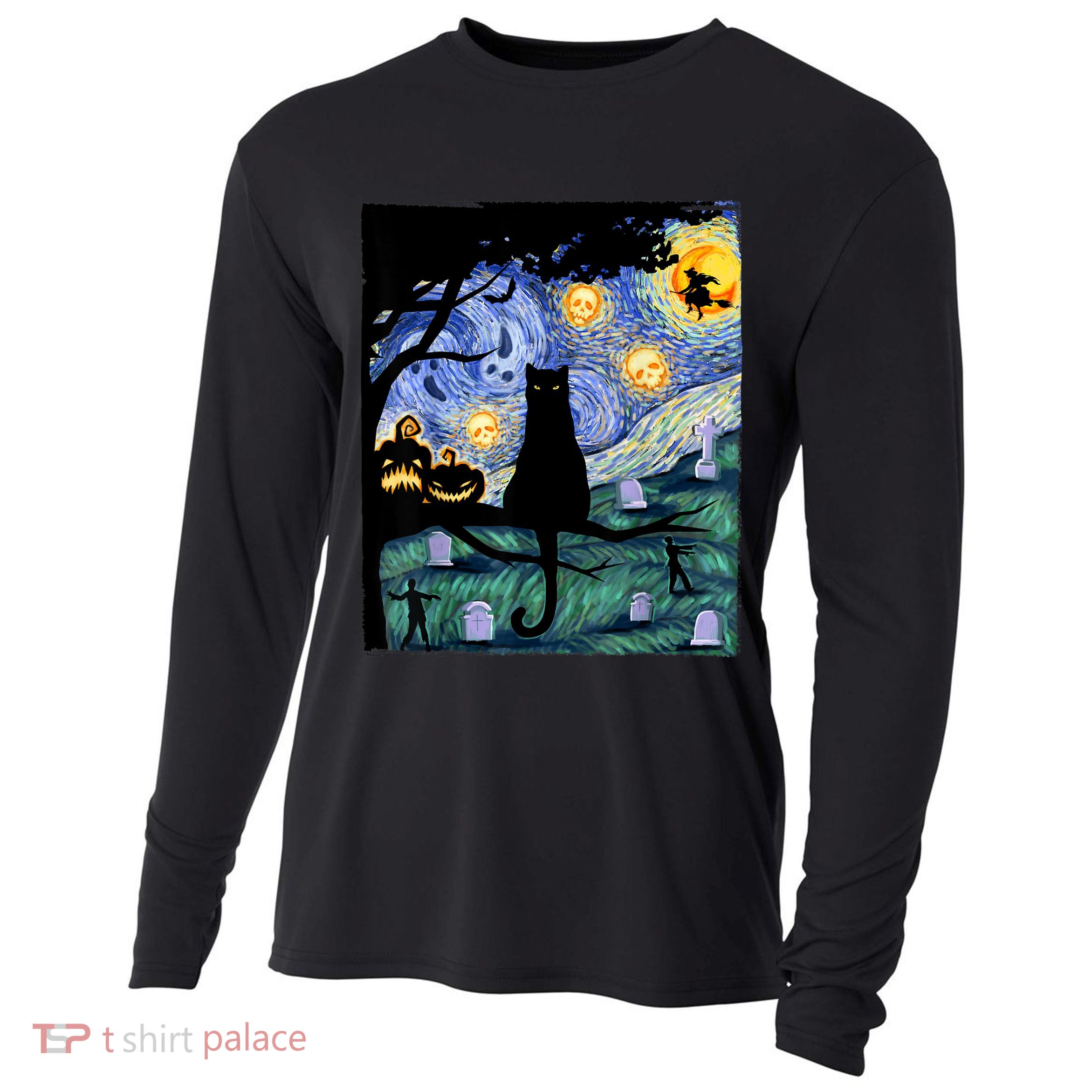 Cat , Scary Night Cat Tee, Van Gogh Gift, Halloween Cooling Performance Long Sleeve Crew