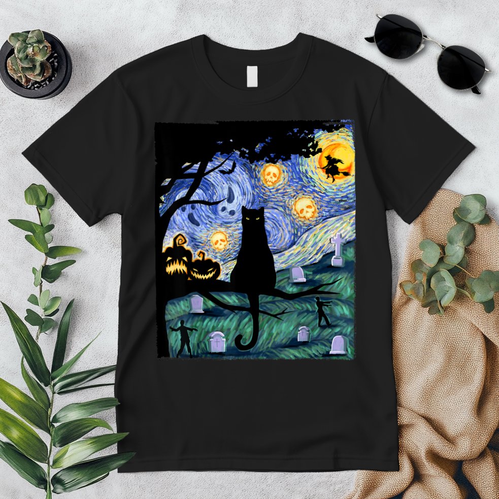 Cat , Scary Night Cat Tee, Van Gogh Gift, Halloween Premium T-Shirt