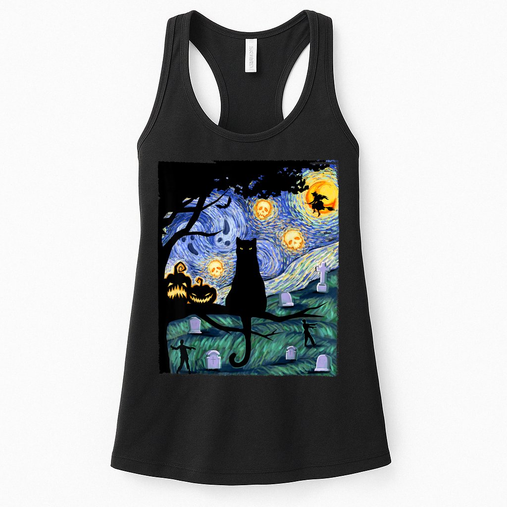 Cat , Scary Night Cat Tee, Van Gogh Gift, Halloween Womens Tank Top