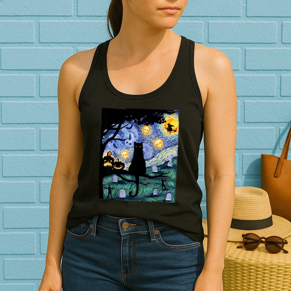 Cat , Scary Night Cat Tee, Van Gogh Gift, Halloween Womens Tank Top