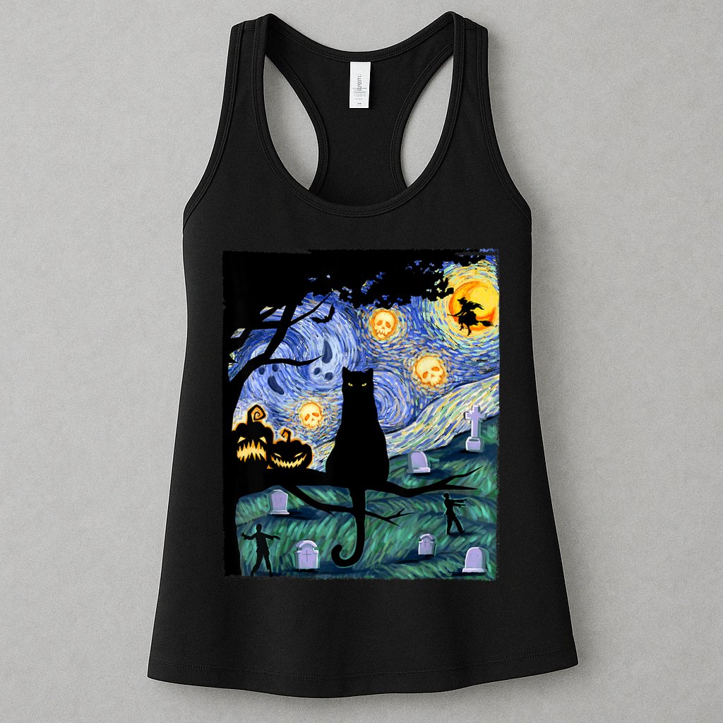 Cat , Scary Night Cat Tee, Van Gogh Gift, Halloween Womens Tank Top