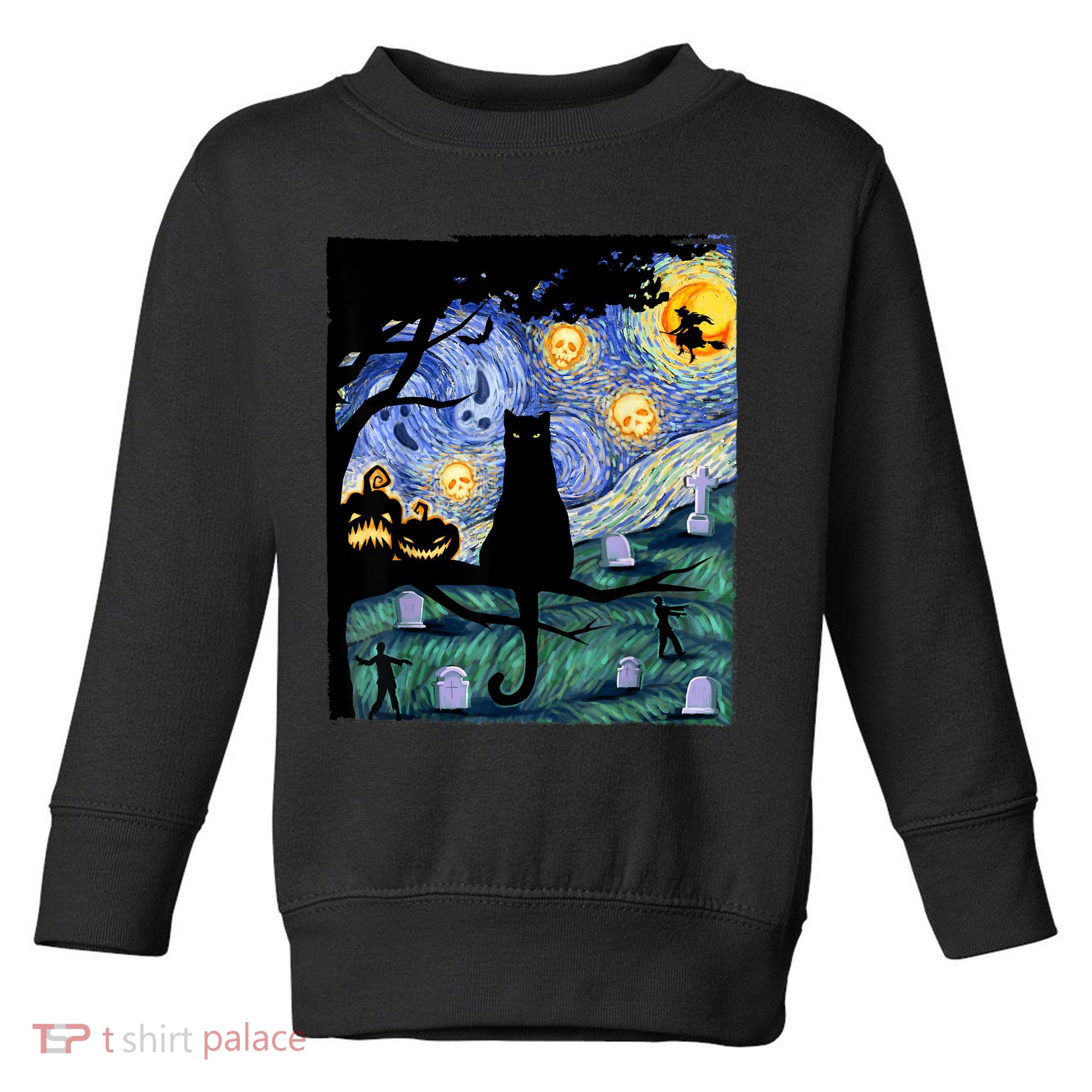 Cat , Scary Night Cat Tee, Van Gogh Gift, Halloween Toddler Sweatshirt