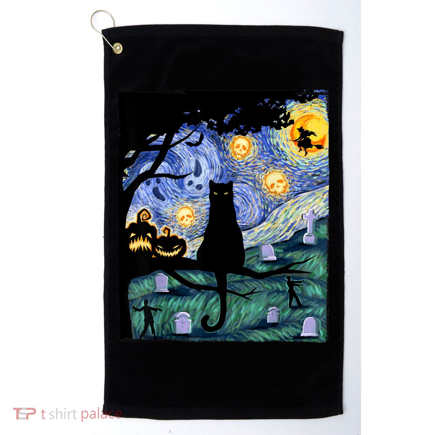 Cat , Scary Night Cat Tee, Van Gogh Gift, Halloween Golf Towel