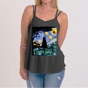 Cat , Scary Night Cat Tee, Van Gogh Gift, Halloween Women's Strappy Tank