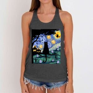 Cat , Scary Night Cat Tee, Van Gogh Gift, Halloween Women's Knotted Racerback Tank