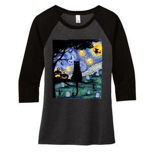 Cat , Scary Night Cat Tee, Van Gogh Gift, Halloween Women's Tri-Blend 3/4-Sleeve Raglan Shirt