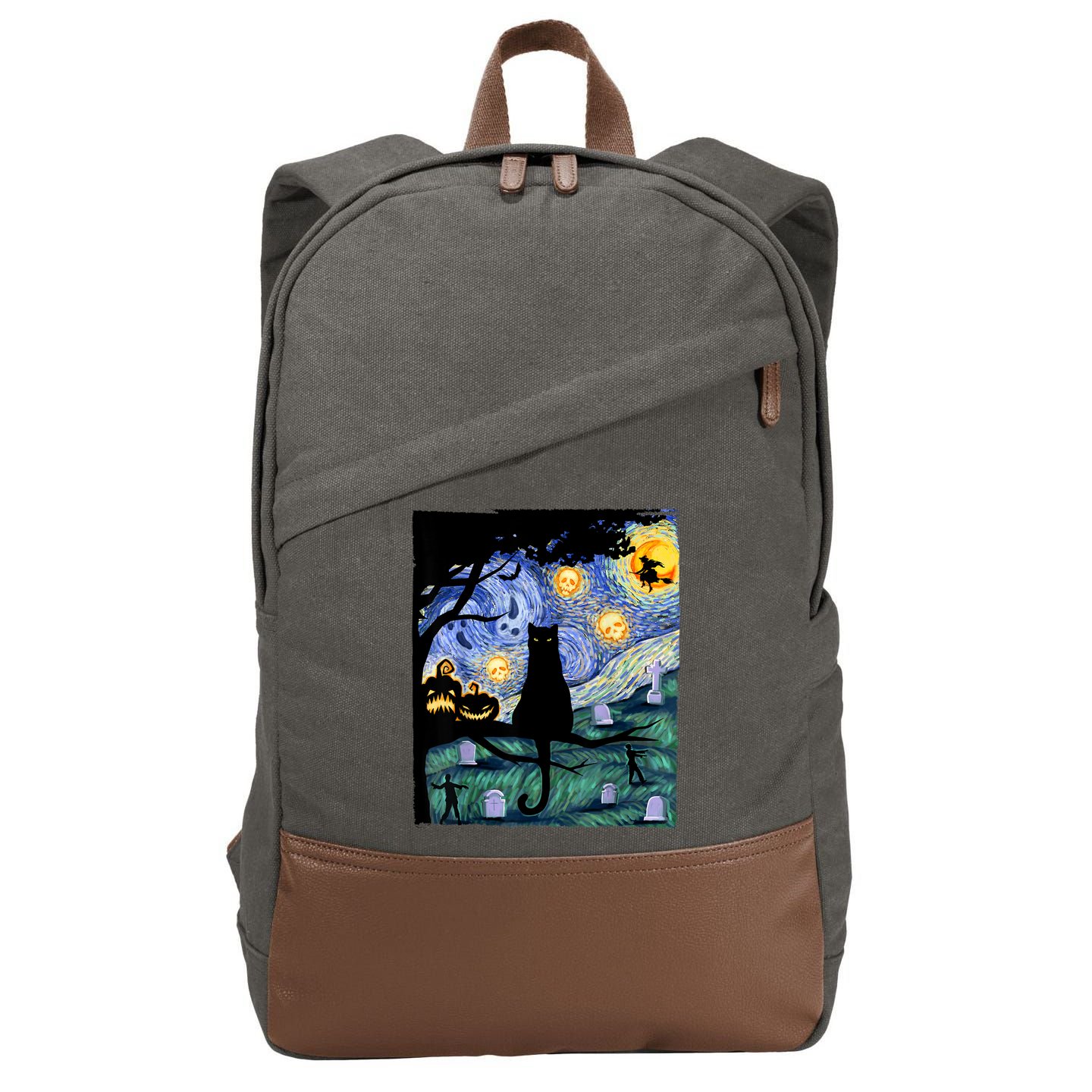 Cat , Scary Night Cat Tee, Van Gogh Gift, Halloween Cotton Canvas Backpack