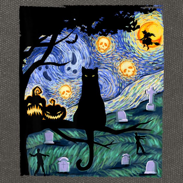 Cat , Scary Night Cat Tee, Van Gogh Gift, Halloween Cotton Canvas Backpack
