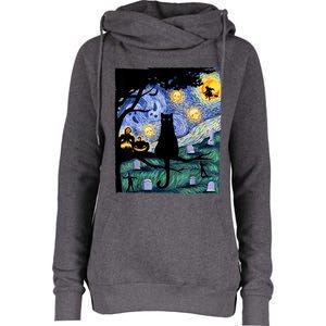 Cat , Scary Night Cat Tee, Van Gogh Gift, Halloween Womens Funnel Neck Pullover Hood