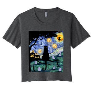 Cat , Scary Night Cat Tee, Van Gogh Gift, Halloween Women's Crop Top Tee