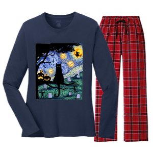 Cat , Scary Night Cat Tee, Van Gogh Gift, Halloween Women's Long Sleeve Flannel Pajama Set 