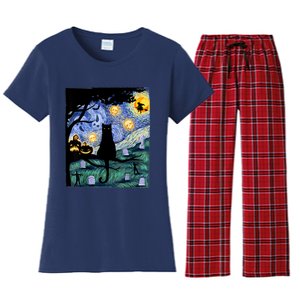 Cat , Scary Night Cat Tee, Van Gogh Gift, Halloween Women's Flannel Pajama Set