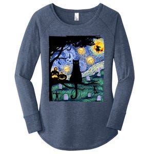 Cat , Scary Night Cat Tee, Van Gogh Gift, Halloween Women's Perfect Tri Tunic Long Sleeve Shirt