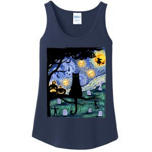 Cat , Scary Night Cat Tee, Van Gogh Gift, Halloween Ladies Essential Tank