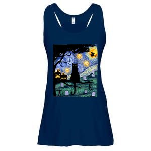 Cat , Scary Night Cat Tee, Van Gogh Gift, Halloween Ladies Essential Flowy Tank