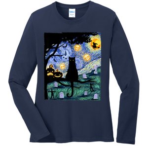 Cat , Scary Night Cat Tee, Van Gogh Gift, Halloween Ladies Long Sleeve Shirt