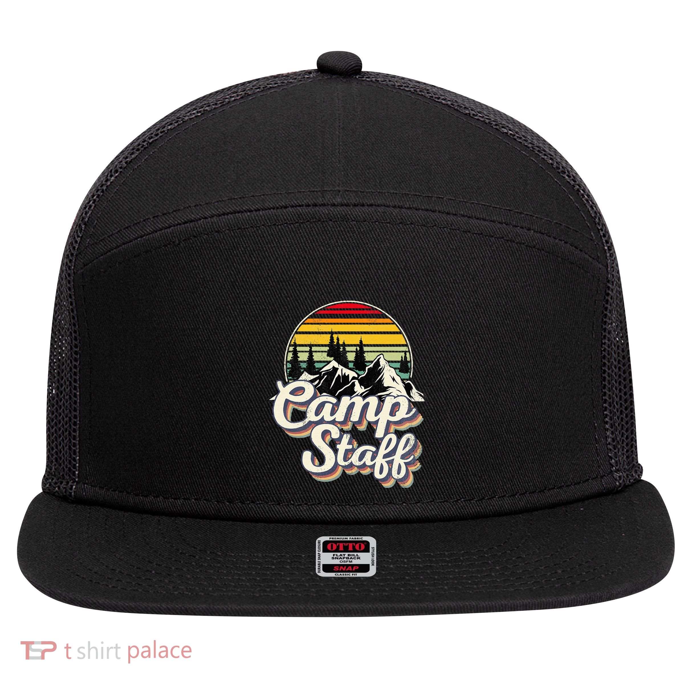 Camp Staff Outdoor Sunset Summer Camping Vintage Camp Staff 7 Panel Mesh Trucker Snapback Hat