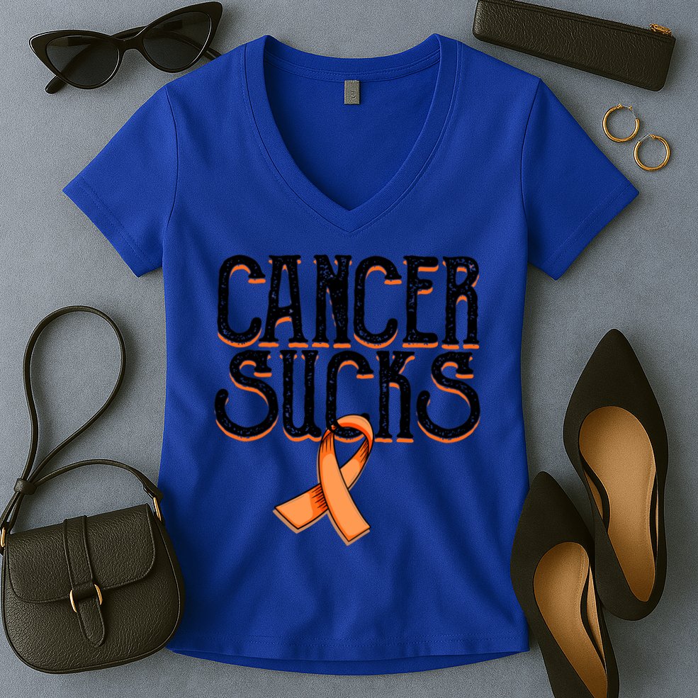 Cancer Sucks Orange Ribbon Kidney Cancer Leukemia Awareness Funny Gift Women's V-Neck T-Shirt